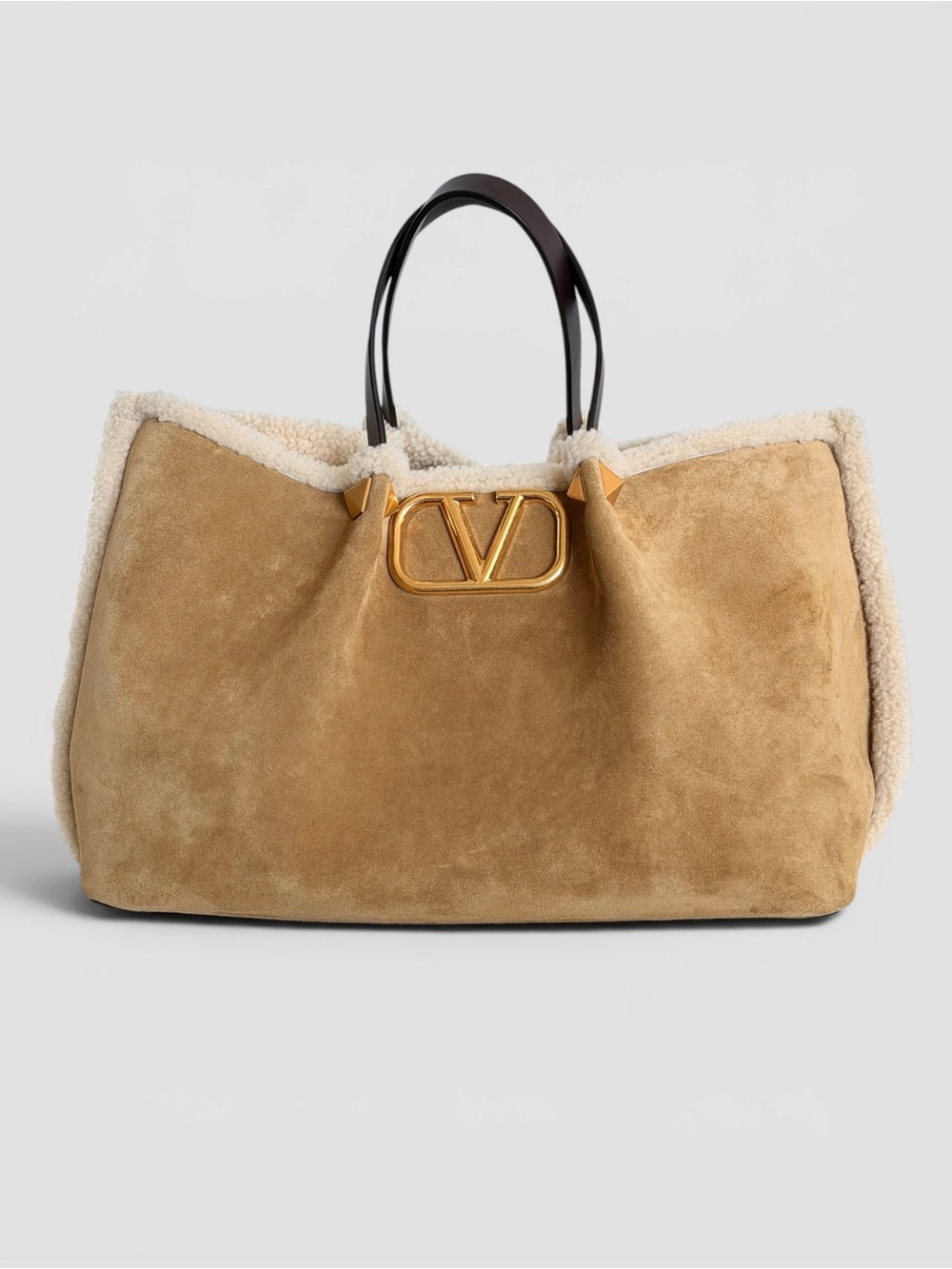 $3700 Valentino Garavani Medium Suede Shopping Bag With Sheepskin Lining
